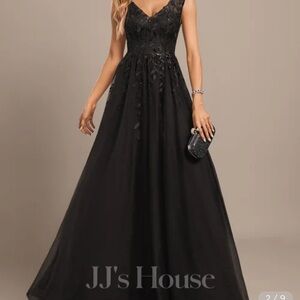 JJs House A-line V-Neck Floor-Length Tulle Lace Evening Dress With Sequins